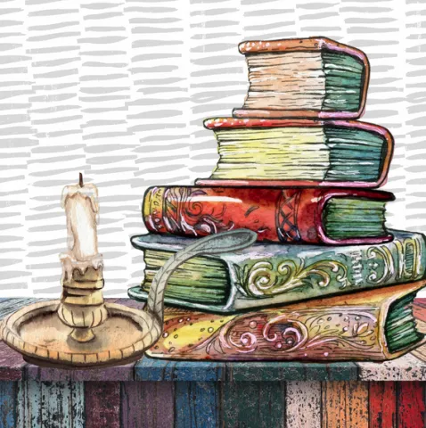 Watercolor of Stacked Book by Linnaea Mallette, CC0