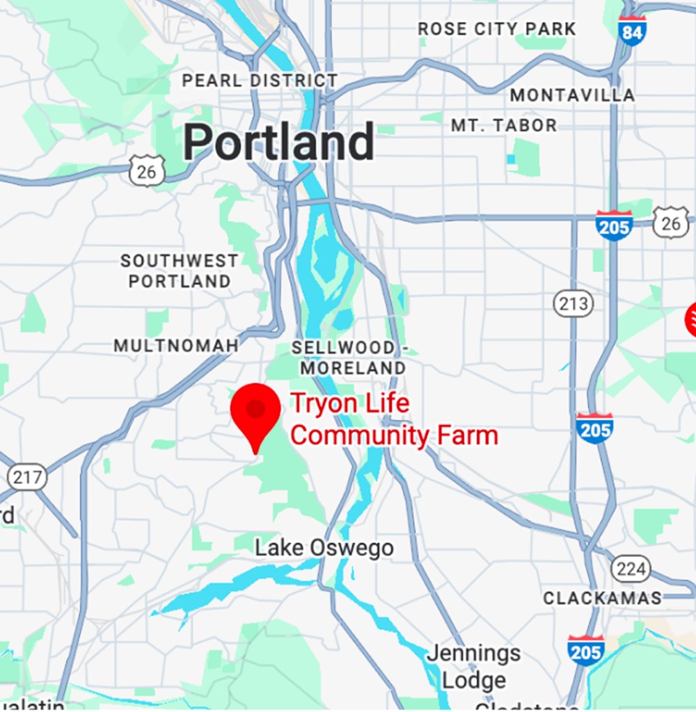 Map showing the location of Tryon Life Community Farm in southwest Portland, Oregon
